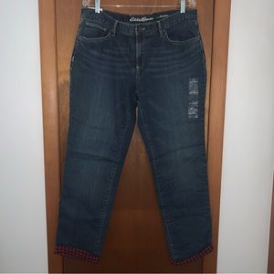 Women’s 14 32L EDDIE BAUER Mid Rise Relaxed Flannel Lined Boyfriend Jeans NWTS